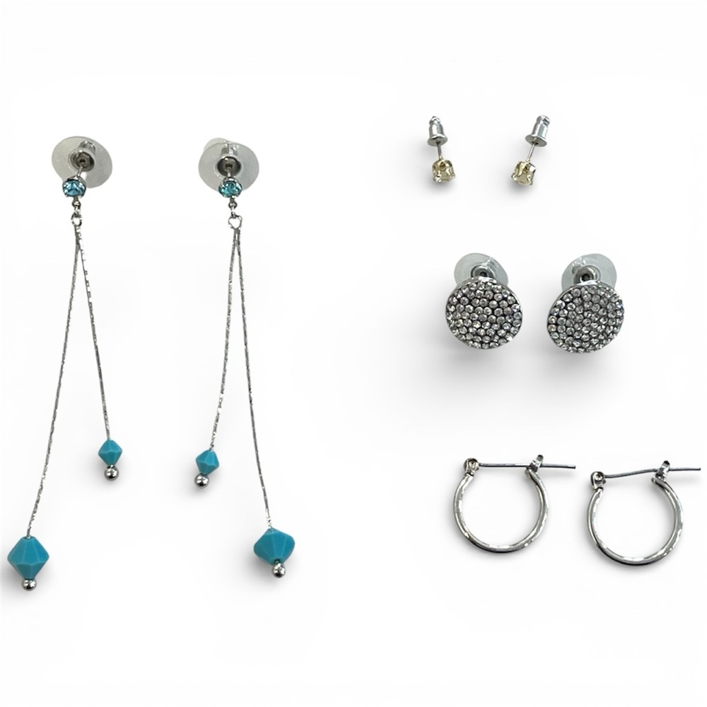 Taramanda Earrings-Silver Tone Trio and Blue Dangle Earrings- 4 Pairs